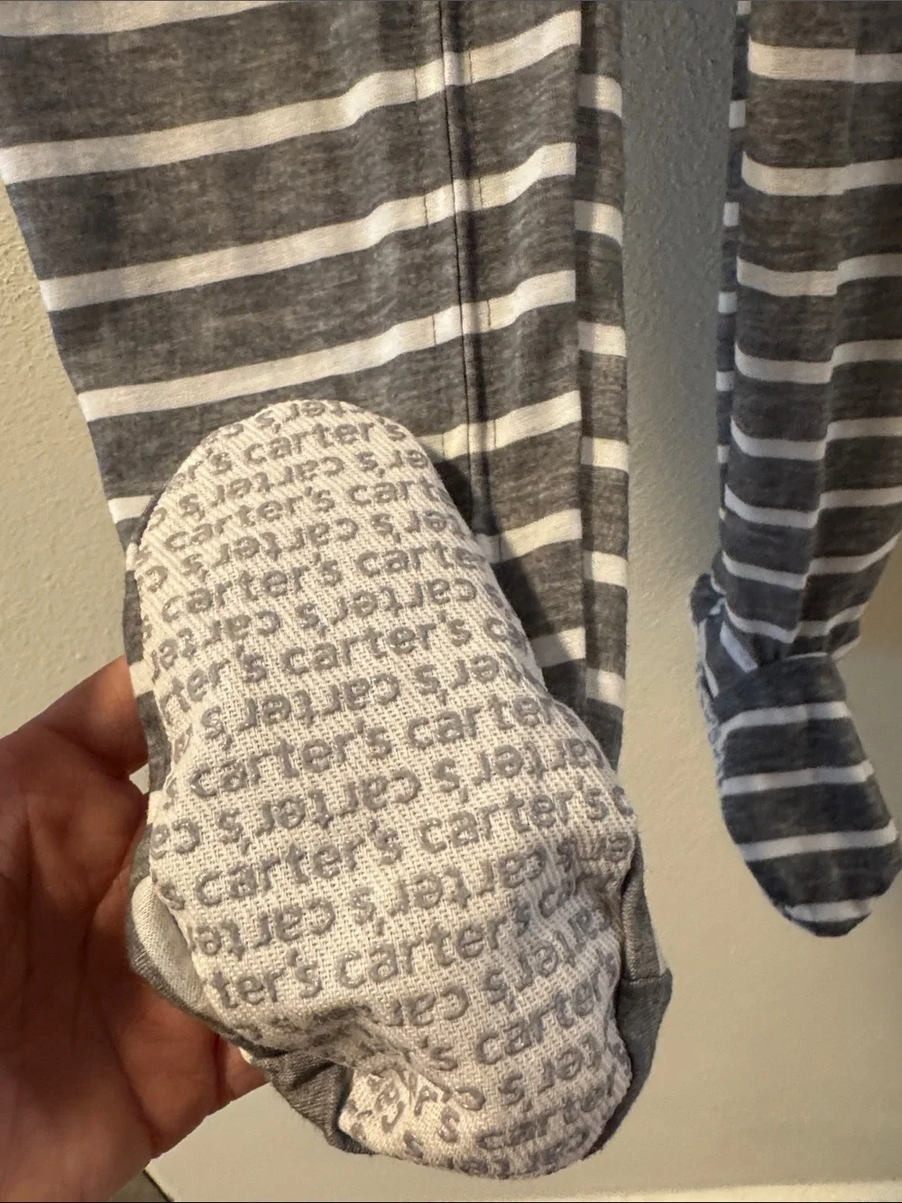 Carter's Gray & White Striped Footed One-Piece with Red Fire Truck Applique